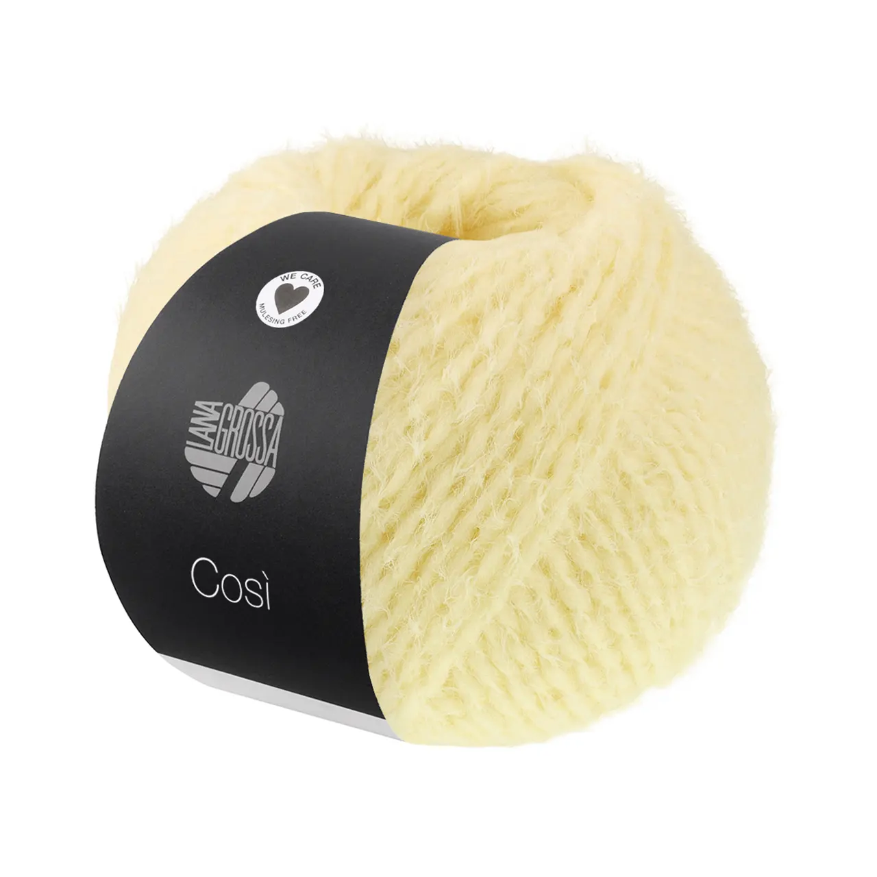 Cosi 9 Zartgelb von Lana Grossa. Weiches Merino-Dochtgarn locker verzwirnt mit einem kurzflorigen Effektgarn