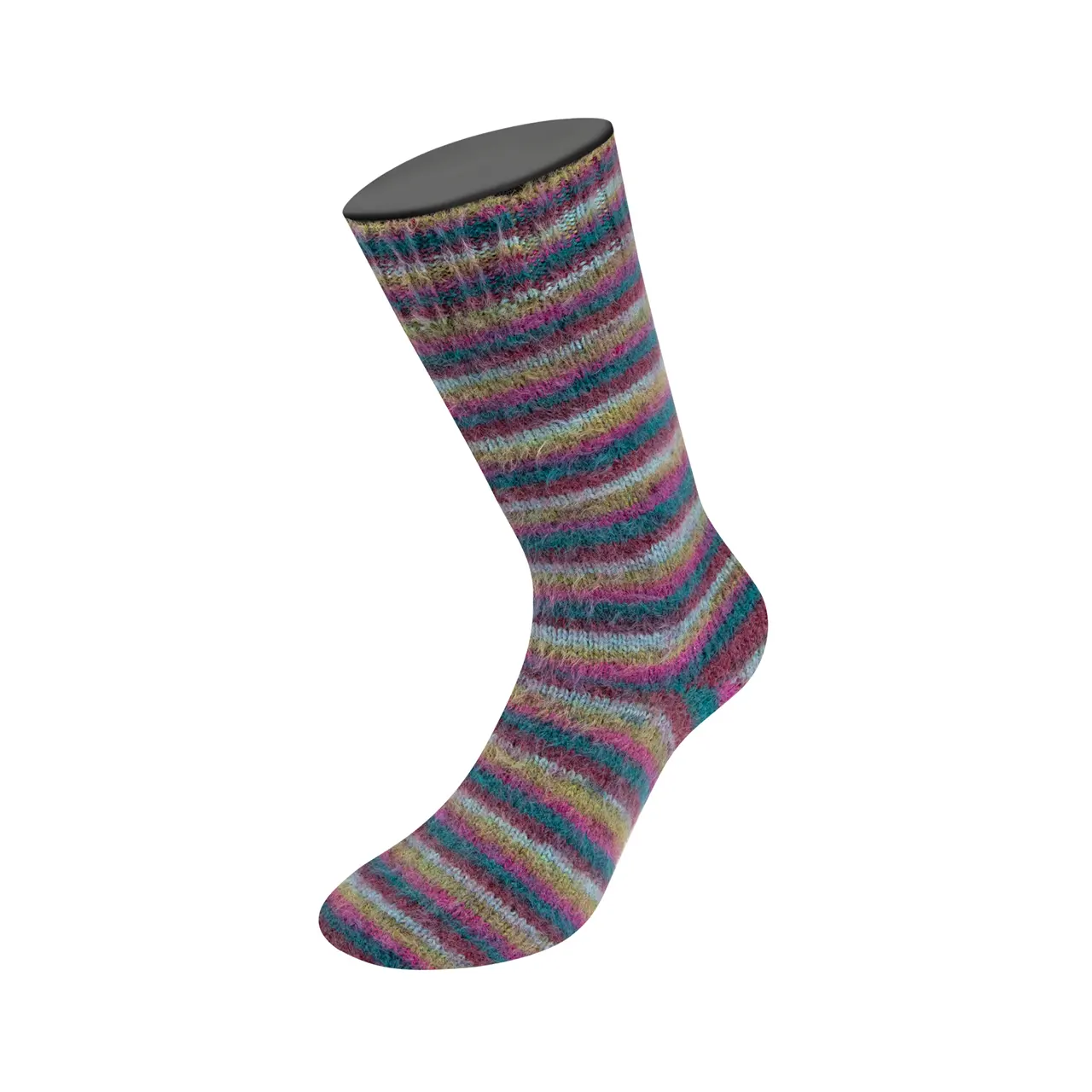 Cosy Socks Multi Stripes 158 Petrol/Dunkelfuchsia/Oliv/Minttürkis/Dunkelrot von Lana Grossa. Flauschiges Sockengarn mit Merinowolle mit besonderem Druckeffekt waschmaschinenfest á