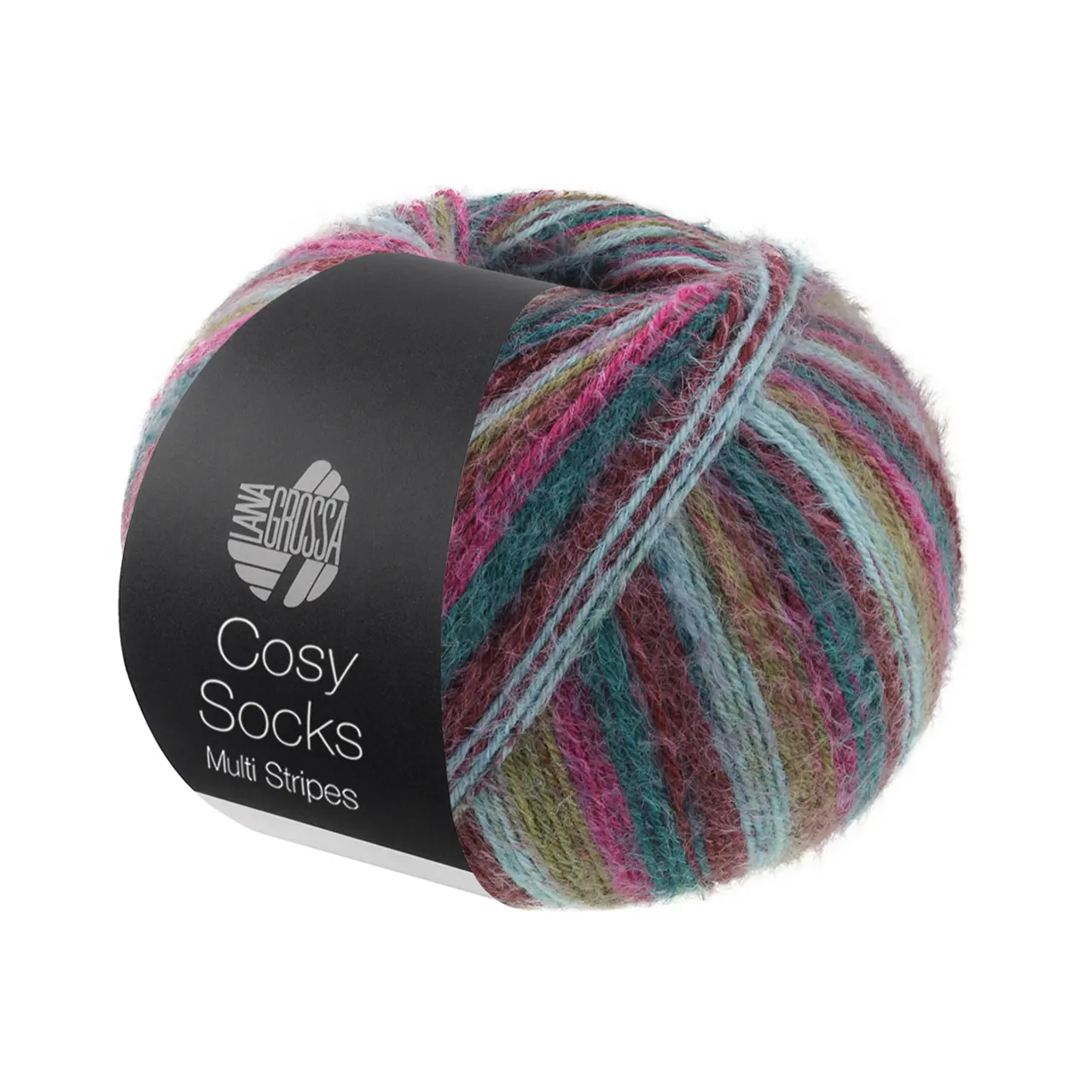 Cosy Socks Multi Stripes 159 Rot/Fuchsia/Orange/Dunkelbraun/Lachs von Lana Grossa. Flauschiges Sockengarn mit Merinowolle mit besonderem Druckeffekt waschmaschinenfest á