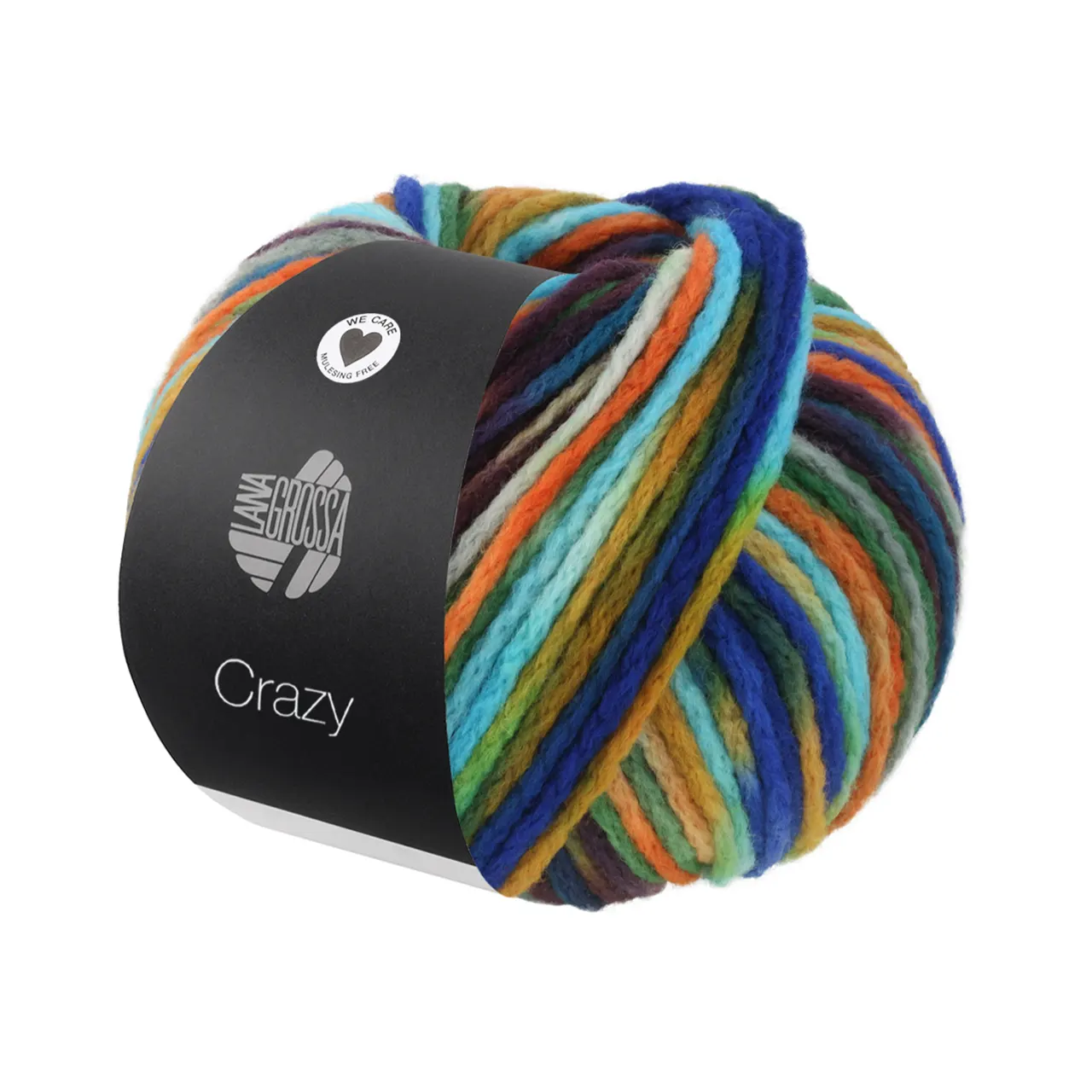 Crazy 10 Türkis/Orange/Senf/Royal von Lana Grossa. Voluminöses bunt bedrucktes Kettengarn aus Schurwolle (Merino)