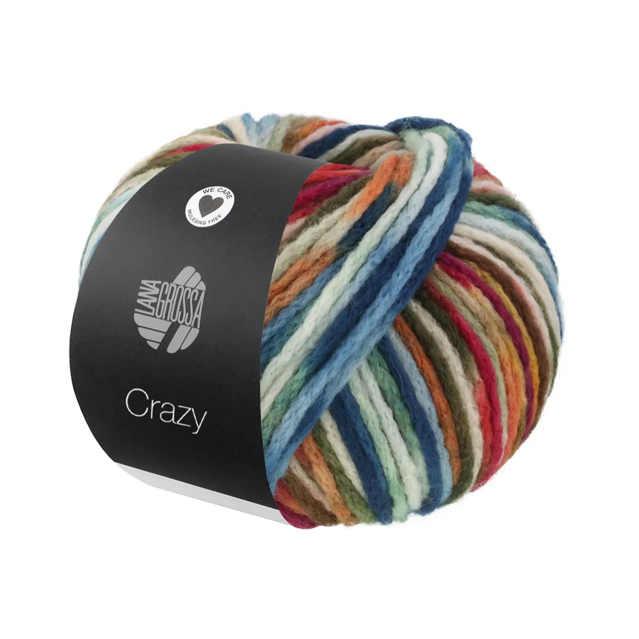 Crazy 2 Reseda-/Waldgrün/Pfirsich/Hellbeige/Dunkelblau von Lana Grossa. Voluminöses bunt bedrucktes Kettengarn aus Schurwolle (Merino)