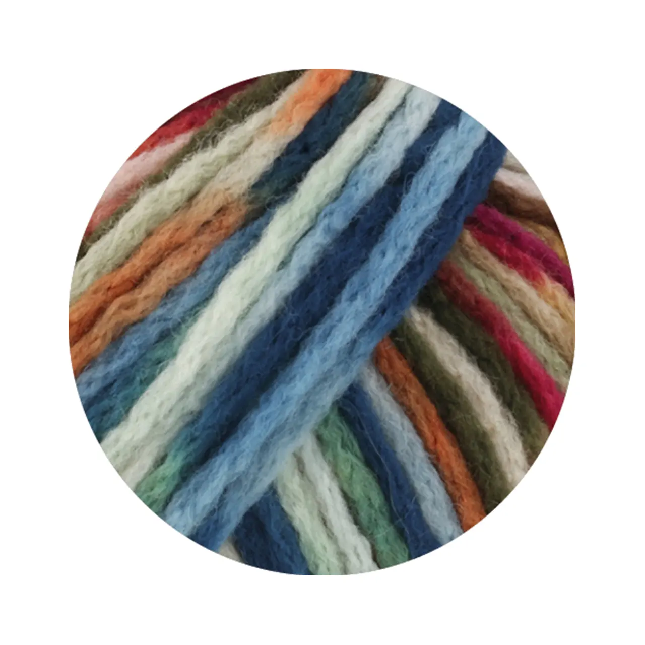 Crazy 2 Reseda-/Waldgrün/Pfirsich/Hellbeige/Dunkelblau von Lana Grossa. Voluminöses bunt bedrucktes Kettengarn aus Schurwolle (Merino)