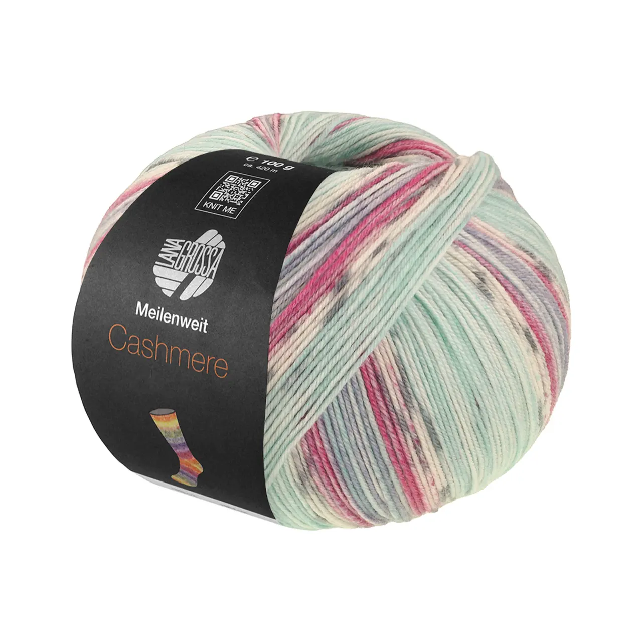 Meilenweit 100 Cashmere Pista 142 Mint/Türkis/Weiß/Grau/Hellblau/Fuchsia Gestreift von Lana Grossa.