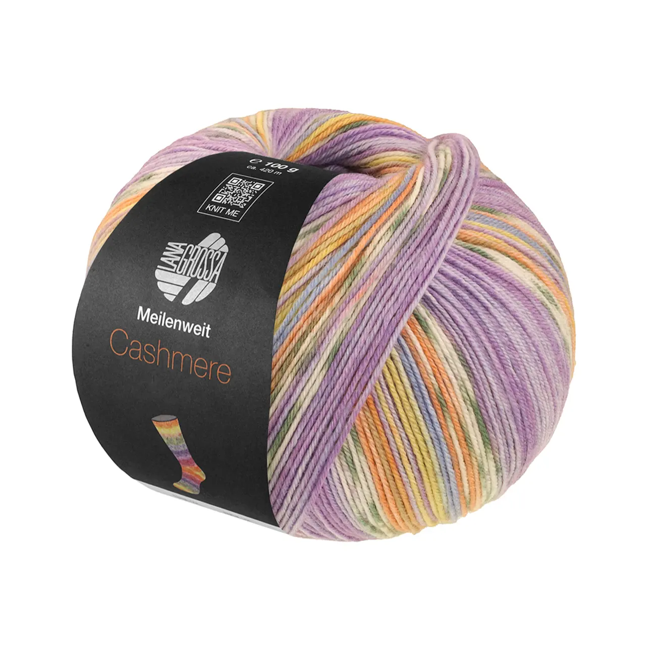 Meilenweit 100 Cashmere Pista 145 Lila/Violett/Weiß/Graugrün/Orange/Himmelblau/Zitrusgelb Gestreift von Lana Grossa.