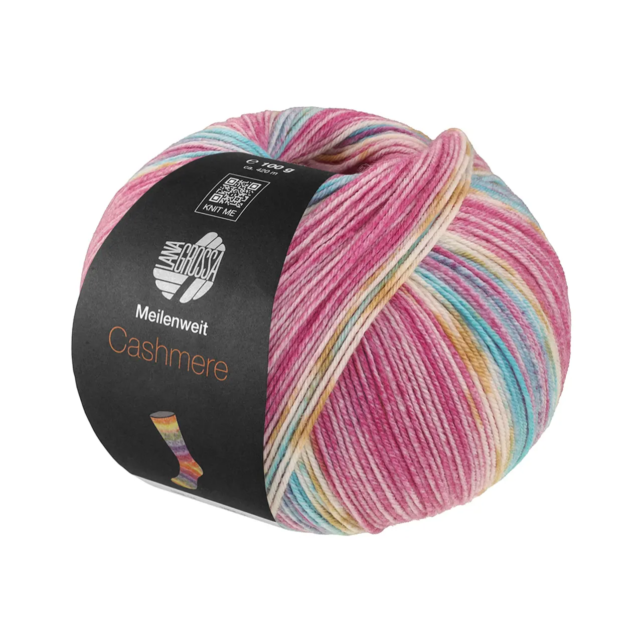 Meilenweit 100 Cashmere Pista 146 Hell-/Dunkelfuchsia/Weiß/Ocker/Türkis/Hellblau Gestreift von Lana Grossa.