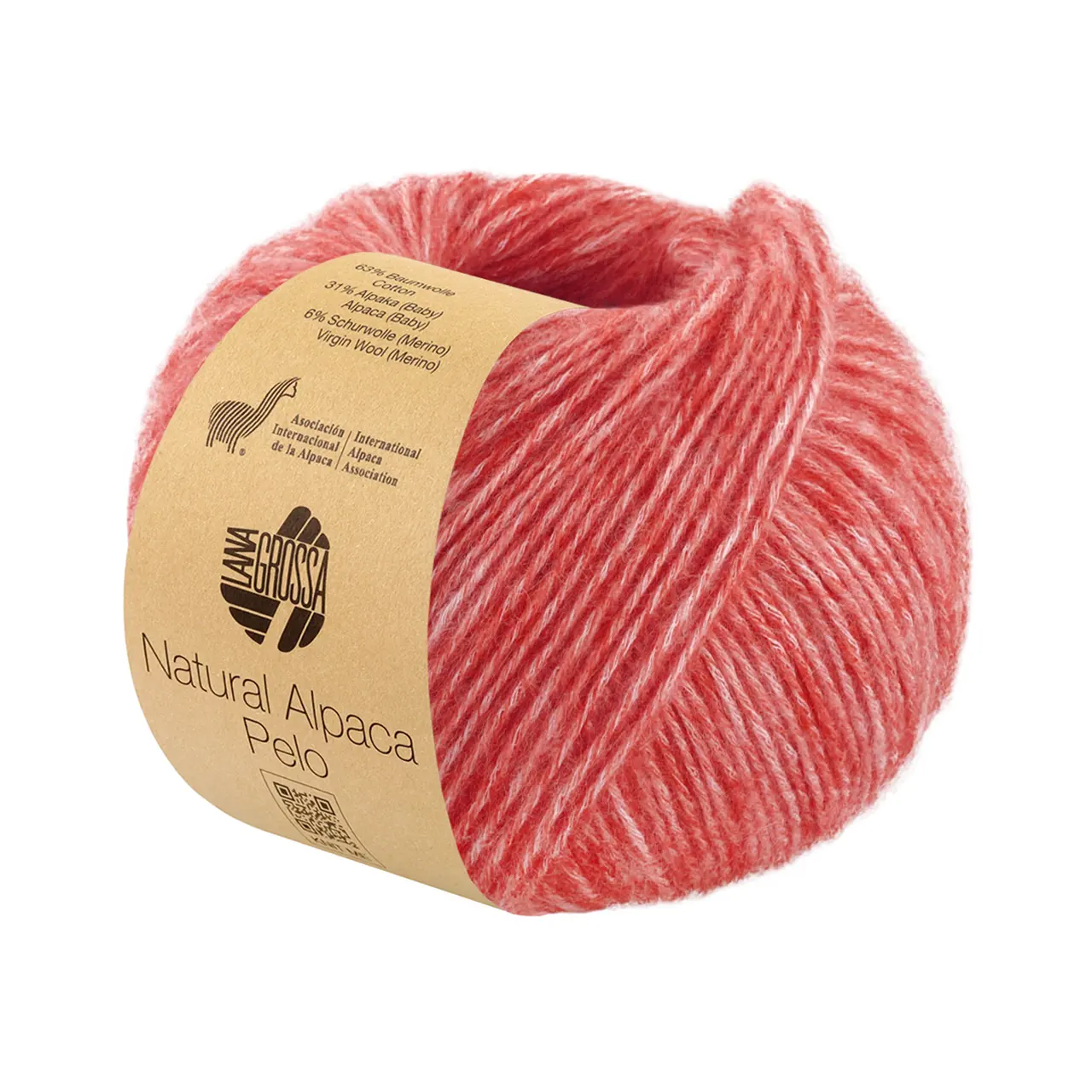 Natural Alpaca Pelo 38 Hellrot Meliert von Lana Grossa. Flauschige Netzgarnstruktur aus Baumwolle gefüllt mit Baby Alpakafasern