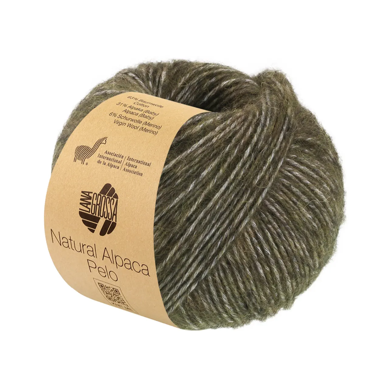 Natural Alpaca Pelo 40 Waldgrün Meliert von Lana Grossa. Flauschige Netzgarnstruktur aus Baumwolle gefüllt mit Baby Alpakafasern