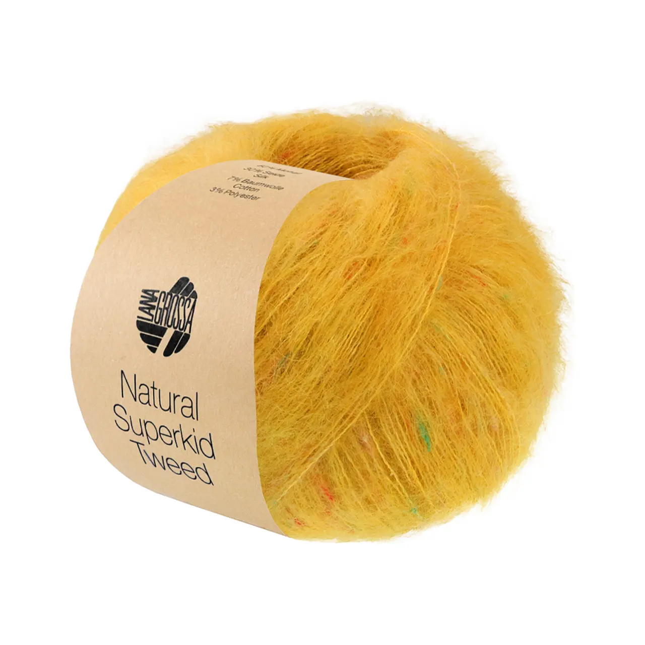 Natural Superkid Tweed 644 Safrangelb von Lana Grossa. Feines Lace-Garn aus Superkid Mohair mit Seide und zarten Tweednoppen