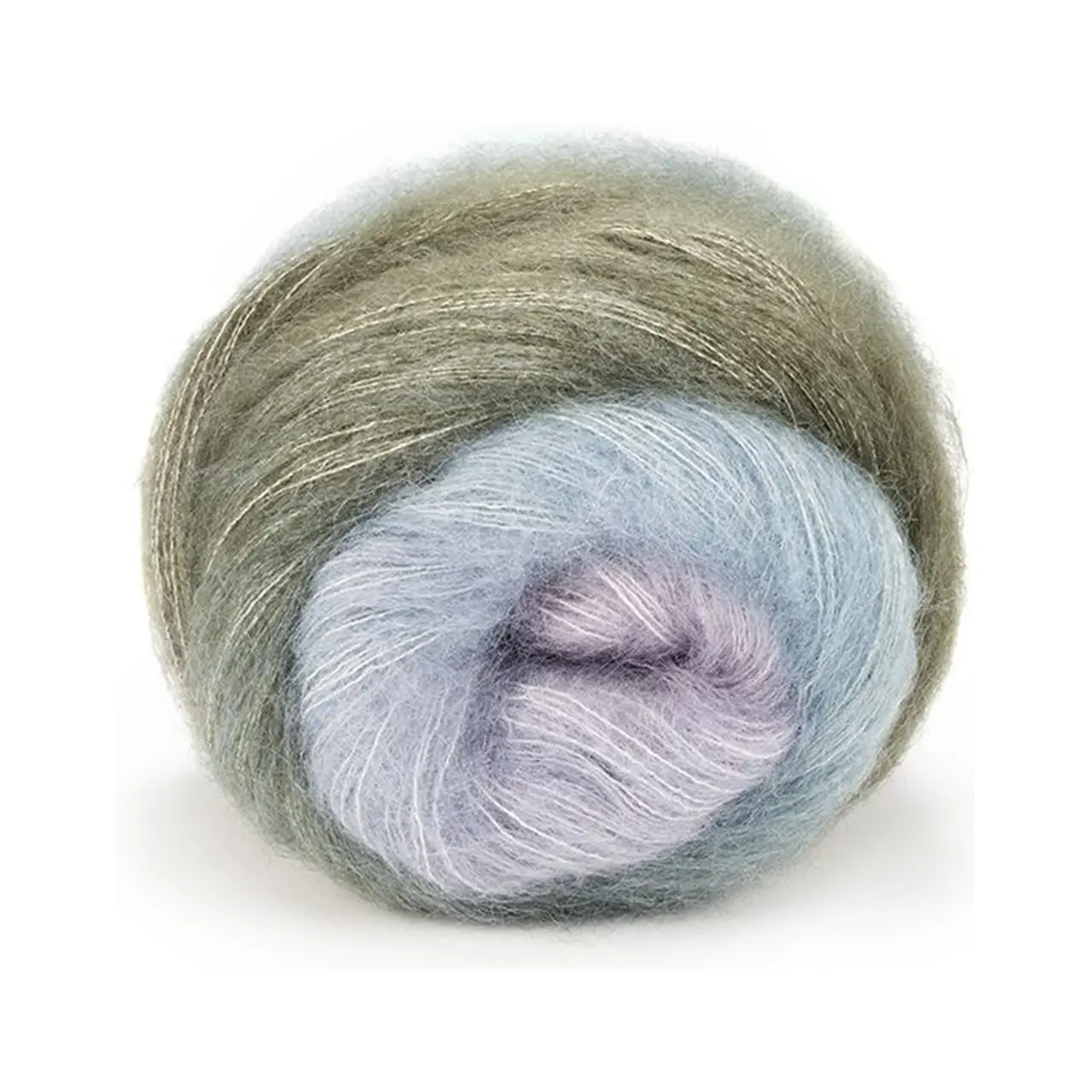 Poema Mohair 5 Salbei/Aqua/Lavendel von Laines Du Nord. Ein einzigartiges Garn aus Kid Mohair und Seide mit zartem Farbverlauf und innovativen Farbtönen.