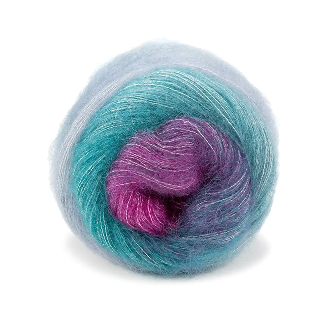 Poema Mohair 7 Magenta/Türkis/Jeansblau von Laines Du Nord. Ein einzigartiges Garn aus Kid Mohair und Seide mit zartem Farbverlauf und innovativen Farbtönen.