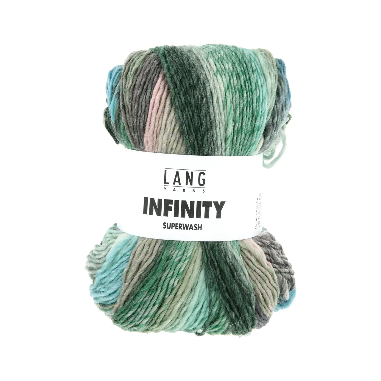 Infinity 5 Meadow Greens von Lang Yarns. INFINITY ist ein Dochtgarn aus extrafeiner Merinowolle das durch seine einzigartige Farbgestaltung besticht. Jedes Knäuel wird so gefertigt dass kein sich wiederholendes Muster entsteht - zwar kommen immer wieder die gleichen Farben zum Einsatz jedoch in unregelmäßigen Abständen variierender Intensität und unterschiedlicher Reihenfolge.