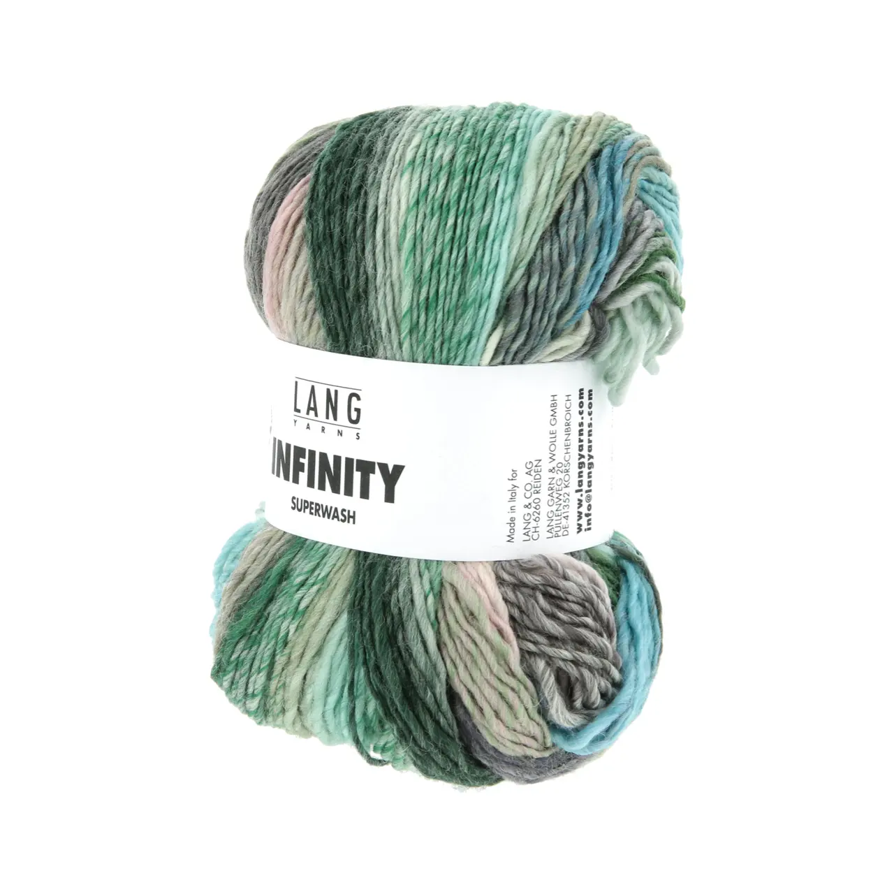 Infinity 5 Meadow Greens von Lang Yarns. INFINITY ist ein Dochtgarn aus extrafeiner Merinowolle das durch seine einzigartige Farbgestaltung besticht. Jedes Knäuel wird so gefertigt dass kein sich wiederholendes Muster entsteht - zwar kommen immer wieder die gleichen Farben zum Einsatz jedoch in unregelmäßigen Abständen variierender Intensität und unterschiedlicher Reihenfolge.