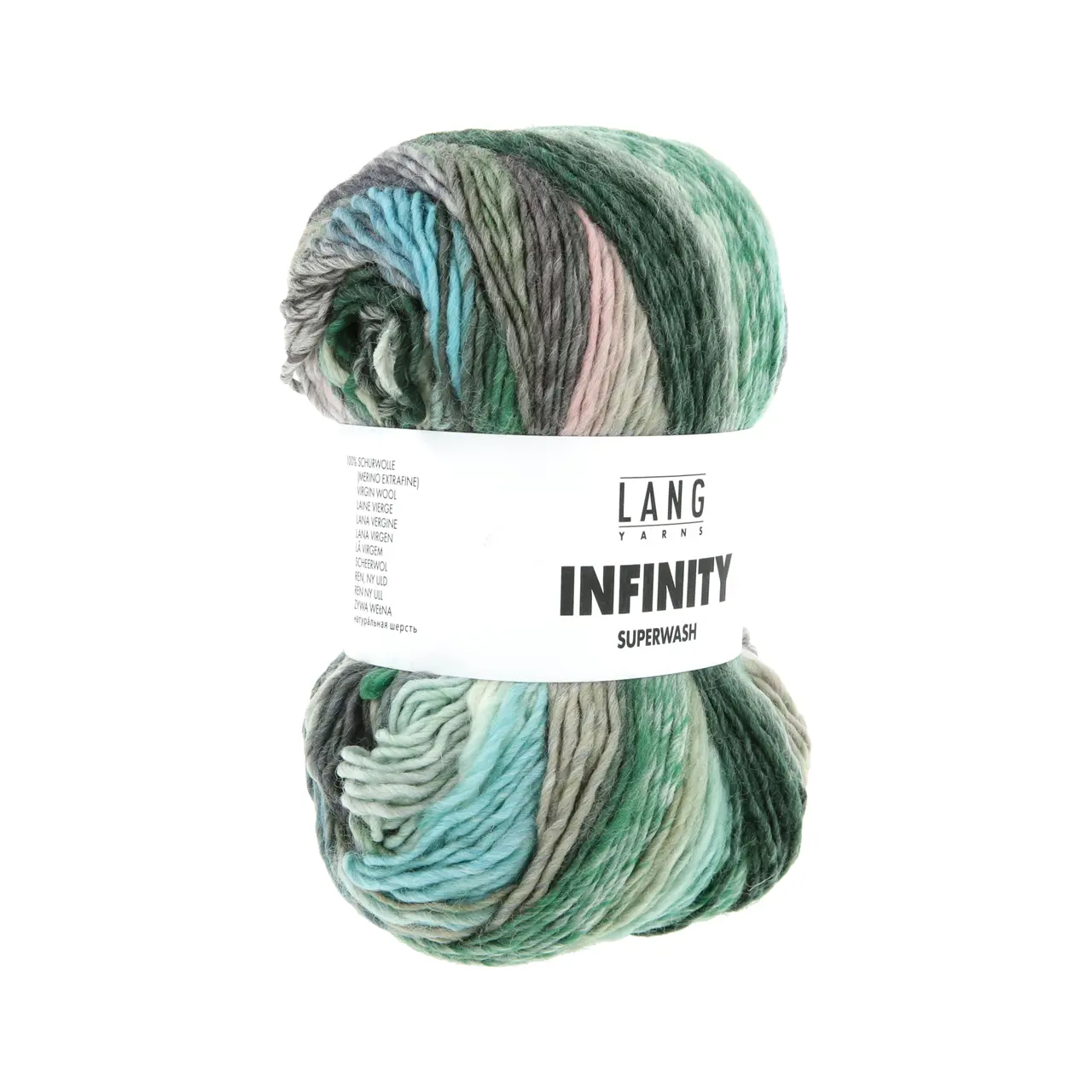 Infinity 5 Meadow Greens von Lang Yarns. INFINITY ist ein Dochtgarn aus extrafeiner Merinowolle das durch seine einzigartige Farbgestaltung besticht. Jedes Knäuel wird so gefertigt dass kein sich wiederholendes Muster entsteht - zwar kommen immer wieder die gleichen Farben zum Einsatz jedoch in unregelmäßigen Abständen variierender Intensität und unterschiedlicher Reihenfolge.