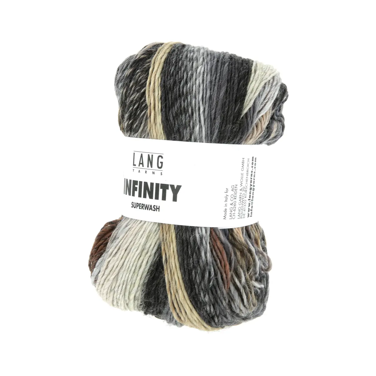 Infinity 7 Earth Tones von Lang Yarns. INFINITY ist ein Dochtgarn aus extrafeiner Merinowolle das durch seine einzigartige Farbgestaltung besticht. Jedes Knäuel wird so gefertigt dass kein sich wiederholendes Muster entsteht - zwar kommen immer wieder die gleichen Farben zum Einsatz jedoch in unregelmäßigen Abständen variierender Intensität und unterschiedlicher Reihenfolge.