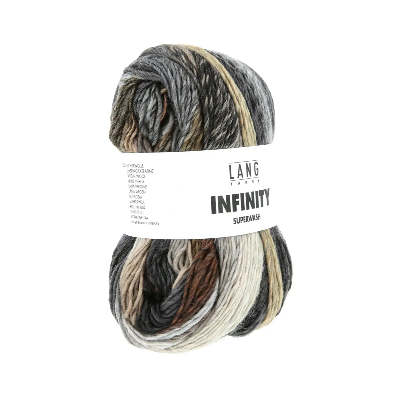 Infinity 7 Earth Tones von Lang Yarns. INFINITY ist ein Dochtgarn aus extrafeiner Merinowolle das durch seine einzigartige Farbgestaltung besticht. Jedes Knäuel wird so gefertigt dass kein sich wiederholendes Muster entsteht - zwar kommen immer wieder die gleichen Farben zum Einsatz jedoch in unregelmäßigen Abständen variierender Intensität und unterschiedlicher Reihenfolge.