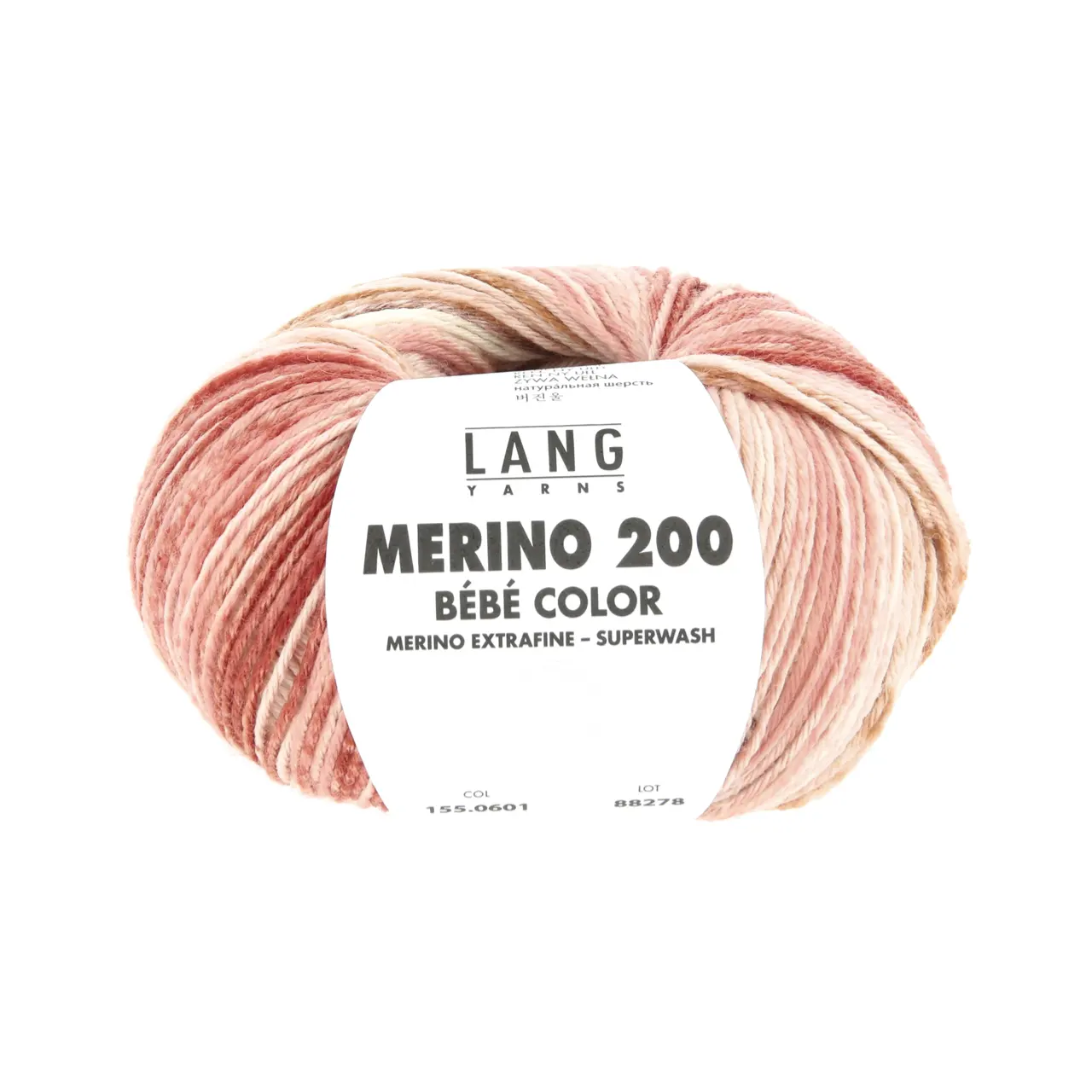Merino 200 Bebe Color 601 Offwhite/Rosa/Terracotta von Lang Yarns. extrafeine australische Merinowolle für hochwertige Bébé - Strickteile in Multicoloroptik und Jacquarddrucken. Einfach verzwirnt ist sie atmungsaktiv warm weich im Griff und maschinenwaschbar - die erste Wahl für Babystrick.