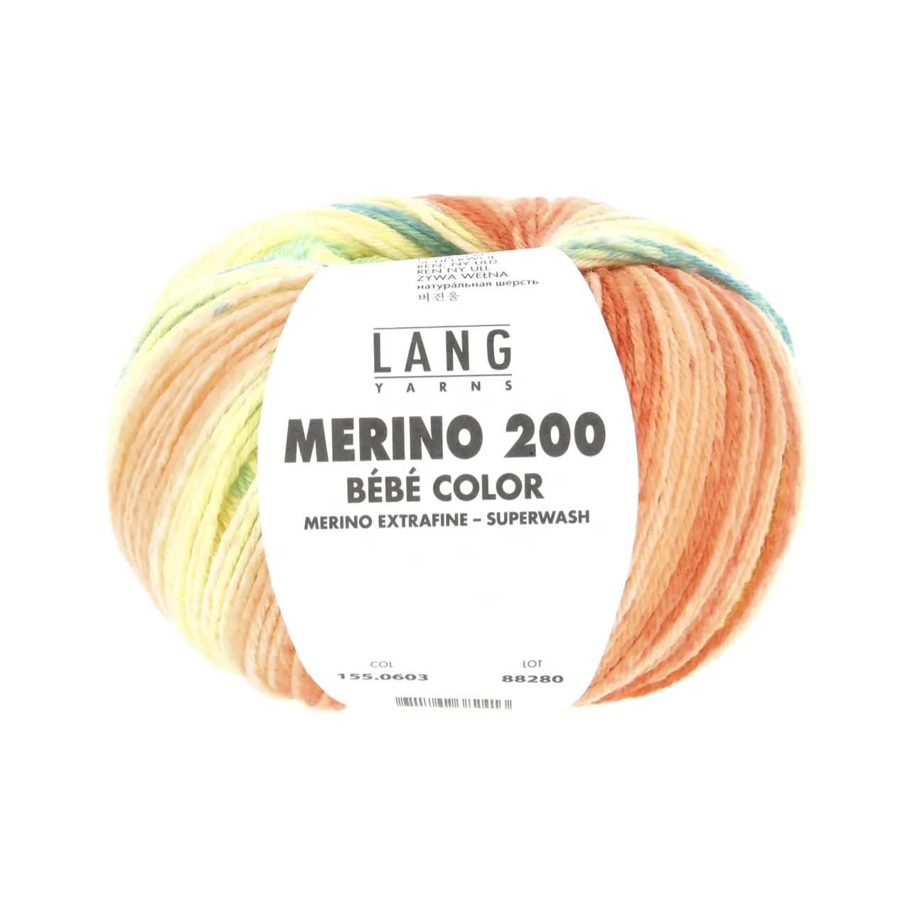 Merino 200 Bebe Color 603 Gelb/Melone/Türkis von Lang Yarns. extrafeine australische Merinowolle für hochwertige Bébé - Strickteile in Multicoloroptik und Jacquarddrucken. Einfach verzwirnt ist sie atmungsaktiv warm weich im Griff und maschinenwaschbar - die erste Wahl für Babystrick.