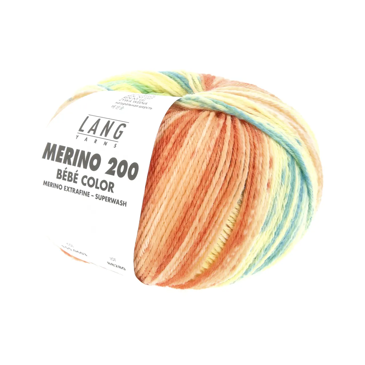 Merino 200 Bebe Color 603 Gelb/Melone/Türkis von Lang Yarns. extrafeine australische Merinowolle für hochwertige Bébé - Strickteile in Multicoloroptik und Jacquarddrucken. Einfach verzwirnt ist sie atmungsaktiv warm weich im Griff und maschinenwaschbar - die erste Wahl für Babystrick.