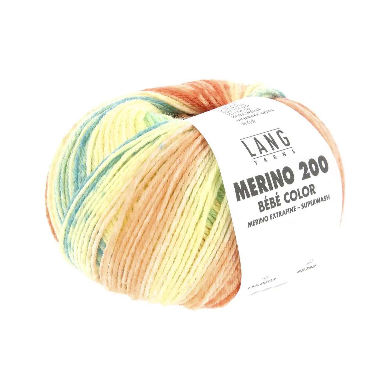 Merino 200 Bebe Color 603 Gelb/Melone/Türkis von Lang Yarns. extrafeine australische Merinowolle für hochwertige Bébé - Strickteile in Multicoloroptik und Jacquarddrucken. Einfach verzwirnt ist sie atmungsaktiv warm weich im Griff und maschinenwaschbar - die erste Wahl für Babystrick.