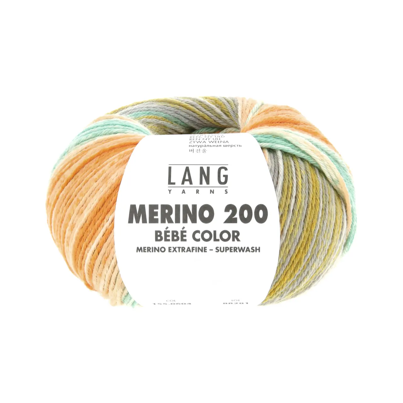 Merino 200 Bebe Color 604 Petrol/Türkis/Kürbis von Lang Yarns. extrafeine australische Merinowolle für hochwertige Bébé - Strickteile in Multicoloroptik und Jacquarddrucken. Einfach verzwirnt ist sie atmungsaktiv warm weich im Griff und maschinenwaschbar - die erste Wahl für Babystrick.