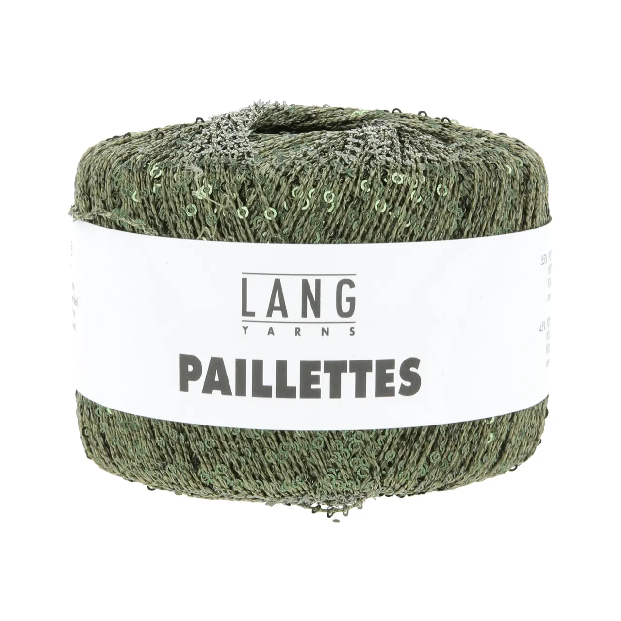 Paillettes 99 Krokodilgrün von Lang Yarns. Dieses Garn mit feinen Pailletten lässt sich angenehm verarbeiten und ist vielseitig einsetzbar. Besonders gut eignet es sich als Beilaufgarn etwa zusammen mit einem zarten Seiden-Mohair-Faden oder auch in Kombination mit Garnen wie Merino oder Alpaka. Dadurch ist das Garn ideal für Tücher und Schals die direkt auf der Haut getragen werden. Die kleinen Pailletten fallen beim Tragen kaum auf und sorgen dennoch für einen dezenten Glanz.