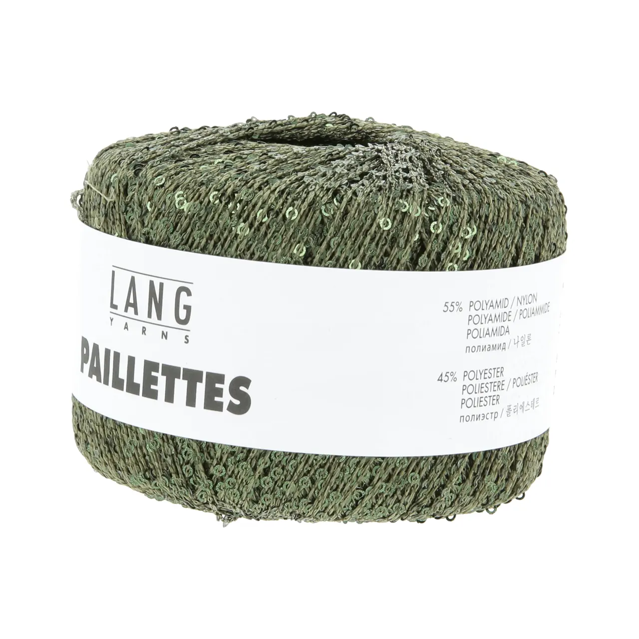 Paillettes 99 Krokodilgrün von Lang Yarns. Dieses Garn mit feinen Pailletten lässt sich angenehm verarbeiten und ist vielseitig einsetzbar. Besonders gut eignet es sich als Beilaufgarn etwa zusammen mit einem zarten Seiden-Mohair-Faden oder auch in Kombination mit Garnen wie Merino oder Alpaka. Dadurch ist das Garn ideal für Tücher und Schals die direkt auf der Haut getragen werden. Die kleinen Pailletten fallen beim Tragen kaum auf und sorgen dennoch für einen dezenten Glanz.