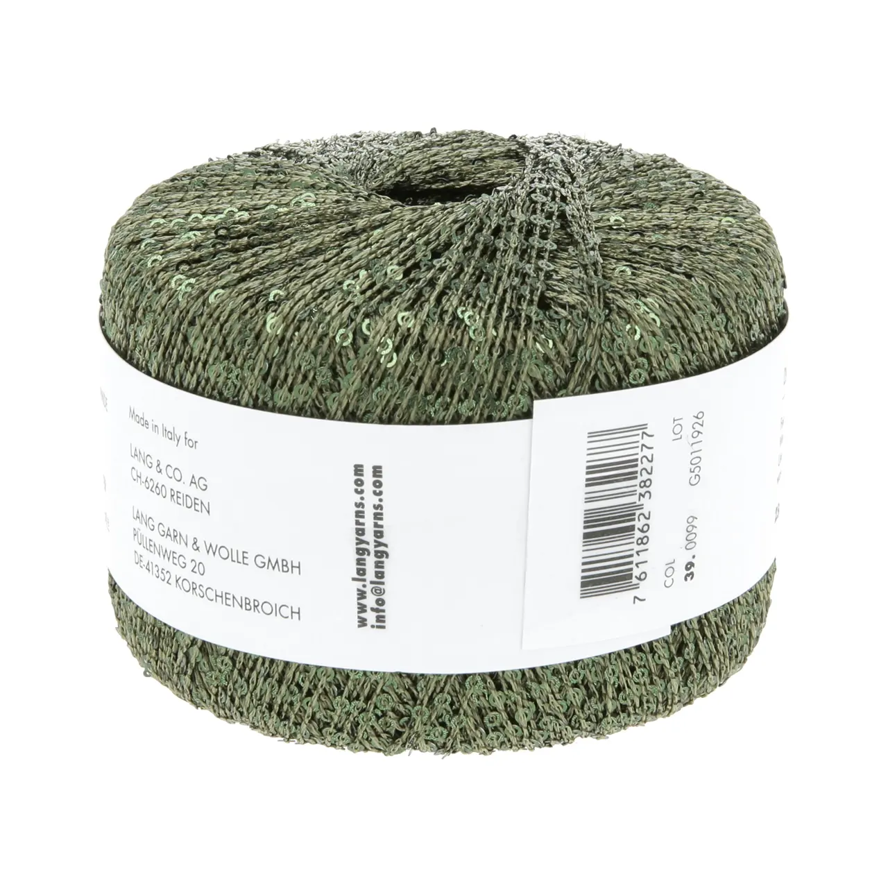 Paillettes 99 Krokodilgrün von Lang Yarns. Dieses Garn mit feinen Pailletten lässt sich angenehm verarbeiten und ist vielseitig einsetzbar. Besonders gut eignet es sich als Beilaufgarn etwa zusammen mit einem zarten Seiden-Mohair-Faden oder auch in Kombination mit Garnen wie Merino oder Alpaka. Dadurch ist das Garn ideal für Tücher und Schals die direkt auf der Haut getragen werden. Die kleinen Pailletten fallen beim Tragen kaum auf und sorgen dennoch für einen dezenten Glanz.