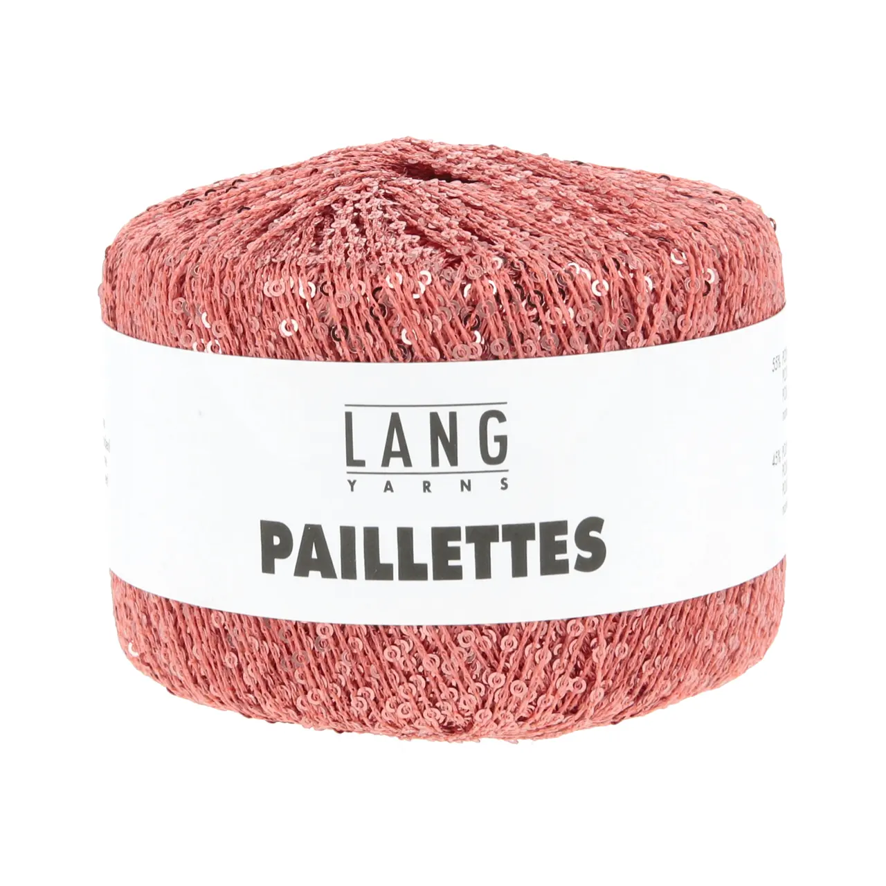 Paillettes 128 Koralle von Lang Yarns. Dieses Garn mit feinen Pailletten lässt sich angenehm verarbeiten und ist vielseitig einsetzbar. Besonders gut eignet es sich als Beilaufgarn etwa zusammen mit einem zarten Seiden-Mohair-Faden oder auch in Kombination mit Garnen wie Merino oder Alpaka. Dadurch ist das Garn ideal für Tücher und Schals die direkt auf der Haut getragen werden. Die kleinen Pailletten fallen beim Tragen kaum auf und sorgen dennoch für einen dezenten Glanz.