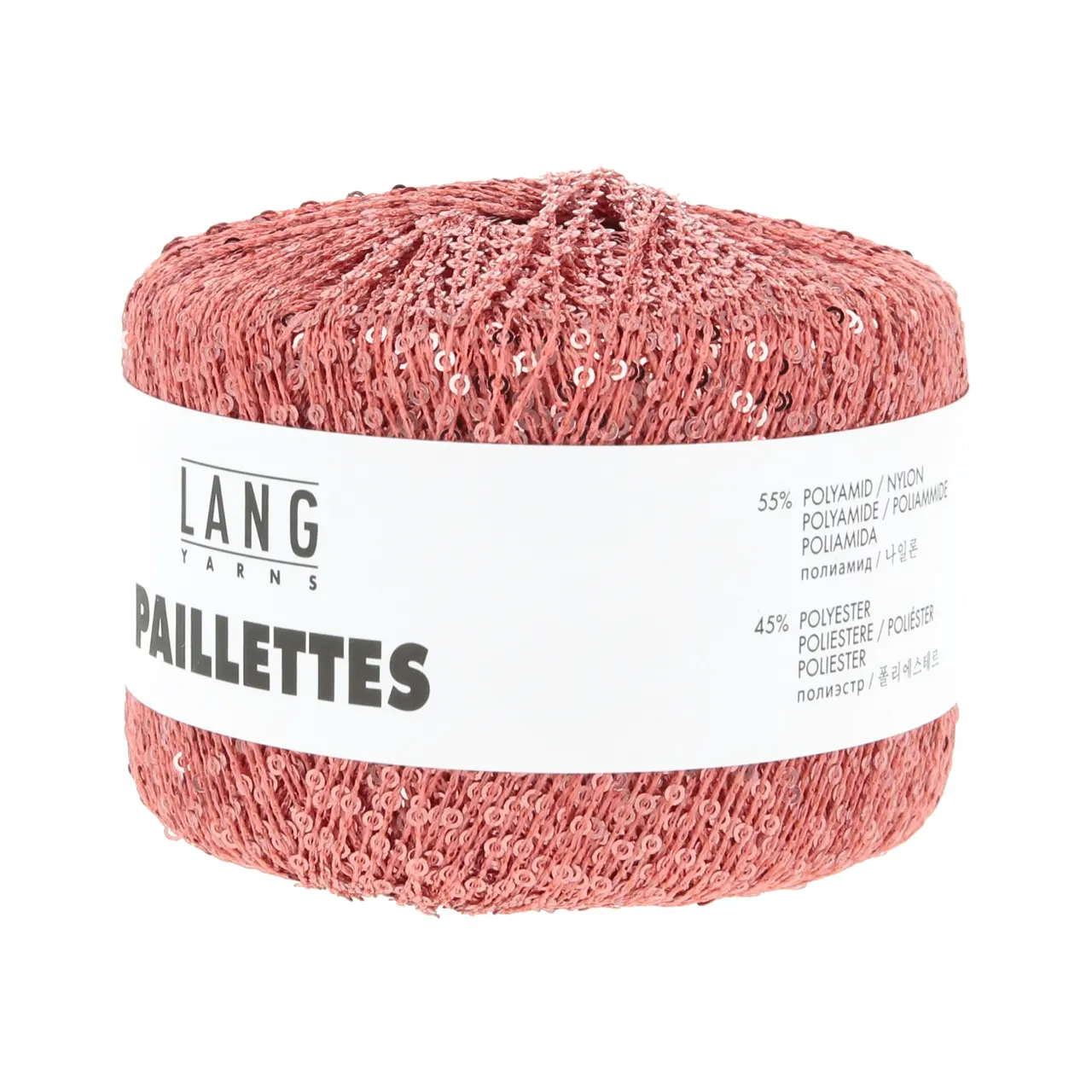 Paillettes 128 Koralle von Lang Yarns. Dieses Garn mit feinen Pailletten lässt sich angenehm verarbeiten und ist vielseitig einsetzbar. Besonders gut eignet es sich als Beilaufgarn etwa zusammen mit einem zarten Seiden-Mohair-Faden oder auch in Kombination mit Garnen wie Merino oder Alpaka. Dadurch ist das Garn ideal für Tücher und Schals die direkt auf der Haut getragen werden. Die kleinen Pailletten fallen beim Tragen kaum auf und sorgen dennoch für einen dezenten Glanz.