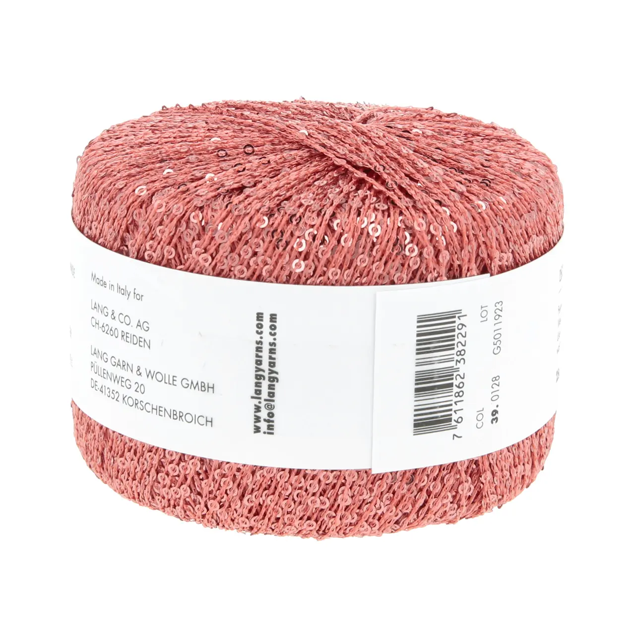 Paillettes 128 Koralle von Lang Yarns. Dieses Garn mit feinen Pailletten lässt sich angenehm verarbeiten und ist vielseitig einsetzbar. Besonders gut eignet es sich als Beilaufgarn etwa zusammen mit einem zarten Seiden-Mohair-Faden oder auch in Kombination mit Garnen wie Merino oder Alpaka. Dadurch ist das Garn ideal für Tücher und Schals die direkt auf der Haut getragen werden. Die kleinen Pailletten fallen beim Tragen kaum auf und sorgen dennoch für einen dezenten Glanz.