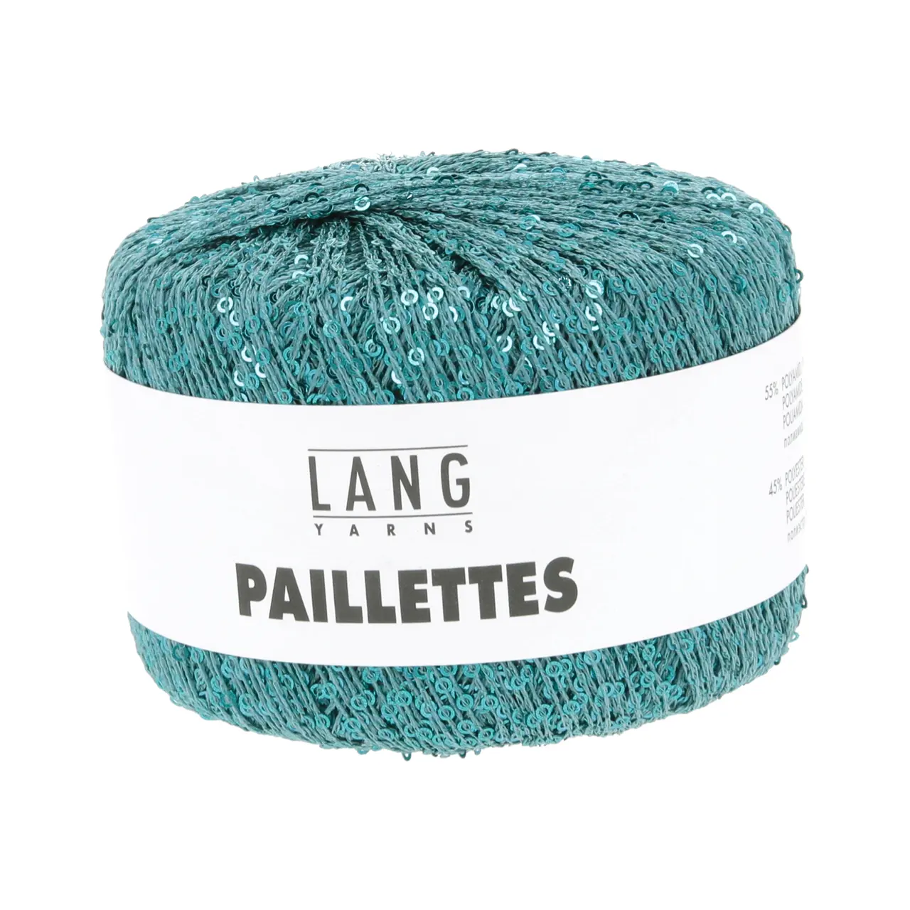 Paillettes 188 Petrol von Lang Yarns. Dieses Garn mit feinen Pailletten lässt sich angenehm verarbeiten und ist vielseitig einsetzbar. Besonders gut eignet es sich als Beilaufgarn etwa zusammen mit einem zarten Seiden-Mohair-Faden oder auch in Kombination mit Garnen wie Merino oder Alpaka. Dadurch ist das Garn ideal für Tücher und Schals die direkt auf der Haut getragen werden. Die kleinen Pailletten fallen beim Tragen kaum auf und sorgen dennoch für einen dezenten Glanz.
