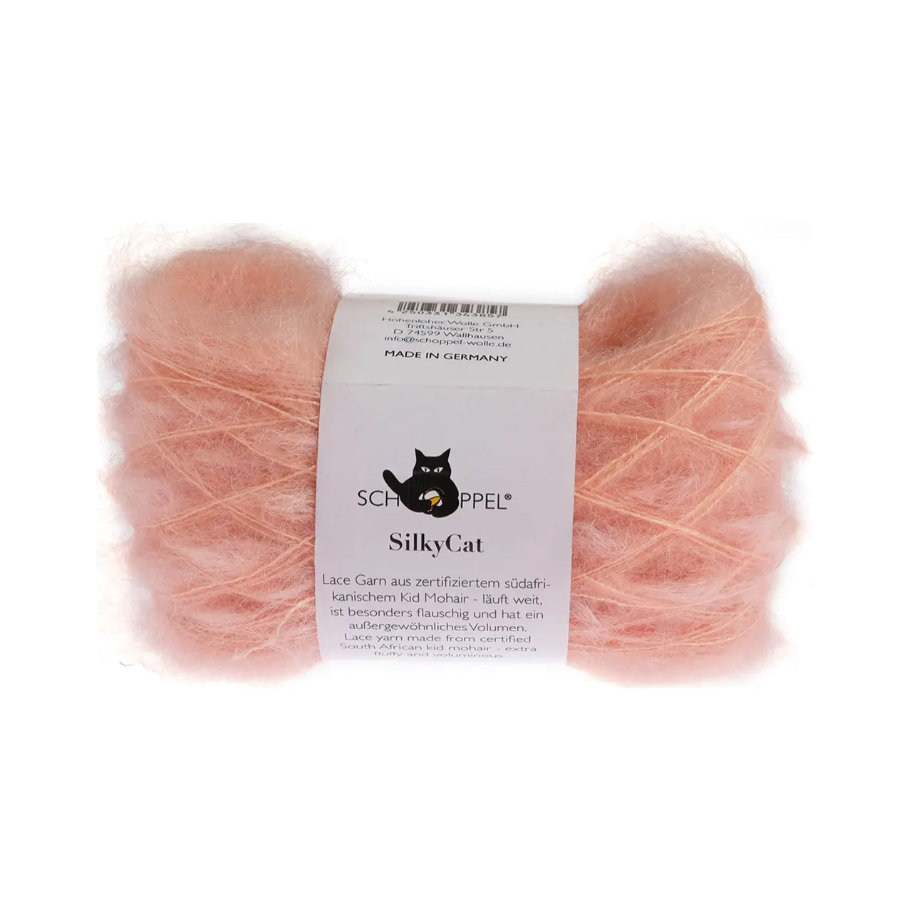 SilkyCat 1170 Apricot von Schoppel. SilkyCat verbindet Seide und Mohair. Es ist ein luxuriöses federleichtes Garn das sich ideal für feine Strickprojekte und als Beilaufgarn eignet. Eigenschaften und Zusammensetzung • Zusammensetzung